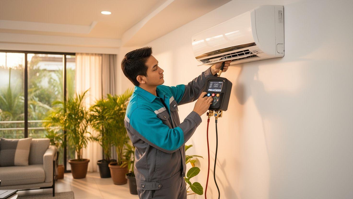 Primeaire technician servicing a split air conditioner in a bright Malaysian living room