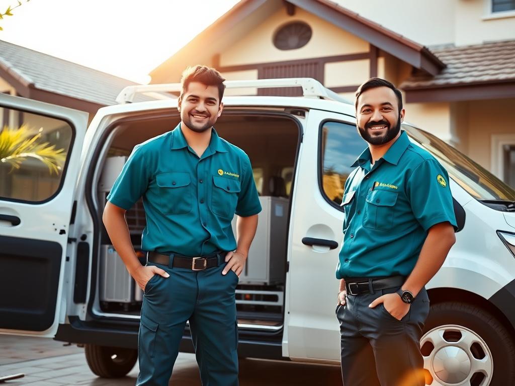 Primeaire service crew loading equipment beside a van