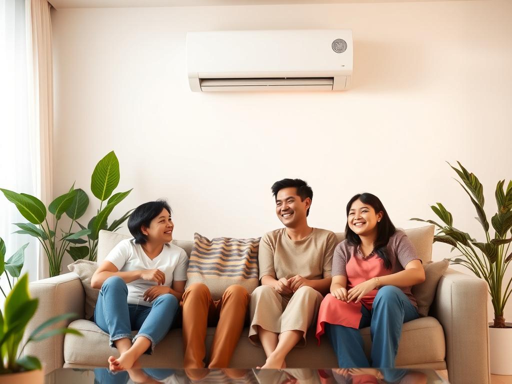 Relaxed family in a cool air-conditioned living room